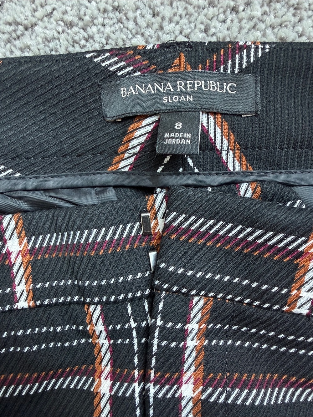 Banana Republic Sloan Black Plaid Pants with White, Brown & Burgundy Accents